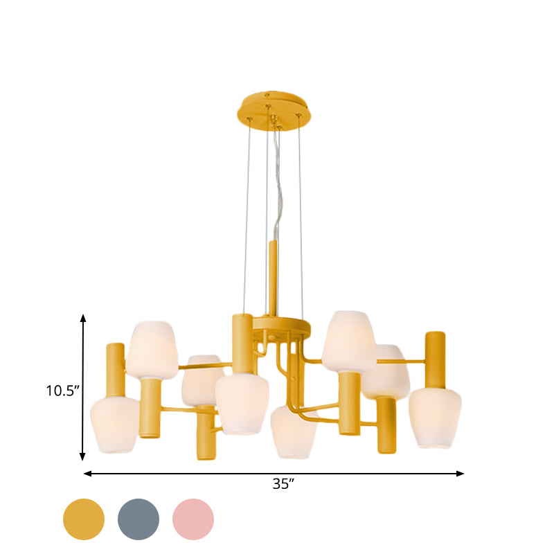 8 Bulbs Lounge Ceiling Chandelier Macaron Pink/Yellow/Blue Hanging Lamp with Up Down Bottle Milk Glass Shade Clearhalo 'Ceiling Lights' 'Chandeliers' 'Modern Chandeliers' 'Modern' Lighting' 1455111