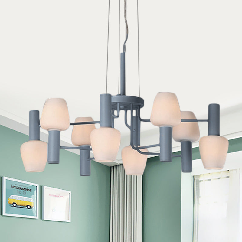 8 Bulbs Lounge Ceiling Chandelier Macaron Pink/Yellow/Blue Hanging Lamp with Up Down Bottle Milk Glass Shade Blue Clearhalo 'Ceiling Lights' 'Chandeliers' 'Modern Chandeliers' 'Modern' Lighting' 1455112