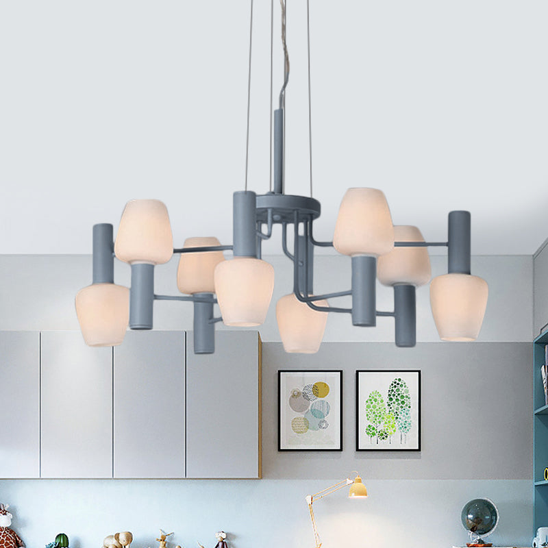 8 Bulbs Lounge Ceiling Chandelier Macaron Pink/Yellow/Blue Hanging Lamp with Up Down Bottle Milk Glass Shade Clearhalo 'Ceiling Lights' 'Chandeliers' 'Modern Chandeliers' 'Modern' Lighting' 1455113