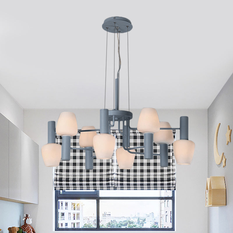 8 Bulbs Lounge Ceiling Chandelier Macaron Pink/Yellow/Blue Hanging Lamp with Up Down Bottle Milk Glass Shade Clearhalo 'Ceiling Lights' 'Chandeliers' 'Modern Chandeliers' 'Modern' Lighting' 1455114