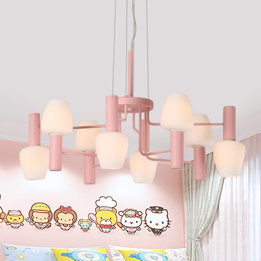 8 Bulbs Lounge Ceiling Chandelier Macaron Pink/Yellow/Blue Hanging Lamp with Up Down Bottle Milk Glass Shade Pink Clearhalo 'Ceiling Lights' 'Chandeliers' 'Modern Chandeliers' 'Modern' Lighting' 1455116