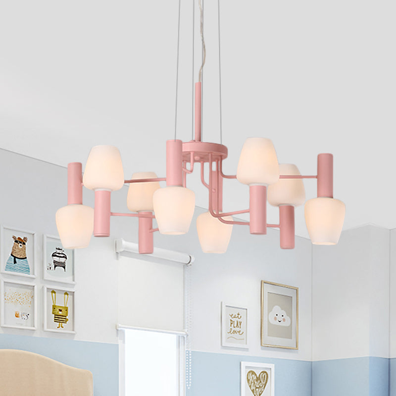 8 Bulbs Lounge Ceiling Chandelier Macaron Pink/Yellow/Blue Hanging Lamp with Up Down Bottle Milk Glass Shade Clearhalo 'Ceiling Lights' 'Chandeliers' 'Modern Chandeliers' 'Modern' Lighting' 1455117