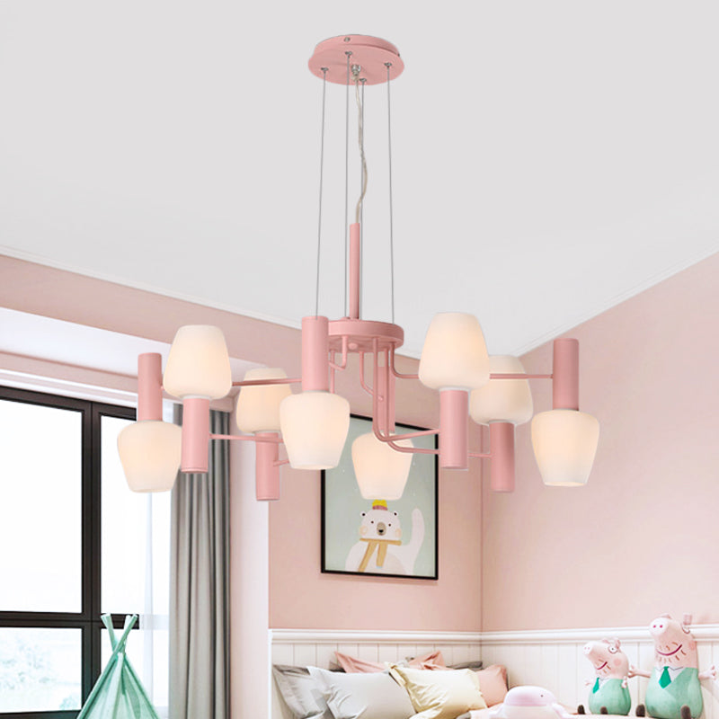 8 Bulbs Lounge Ceiling Chandelier Macaron Pink/Yellow/Blue Hanging Lamp with Up Down Bottle Milk Glass Shade Clearhalo 'Ceiling Lights' 'Chandeliers' 'Modern Chandeliers' 'Modern' Lighting' 1455118