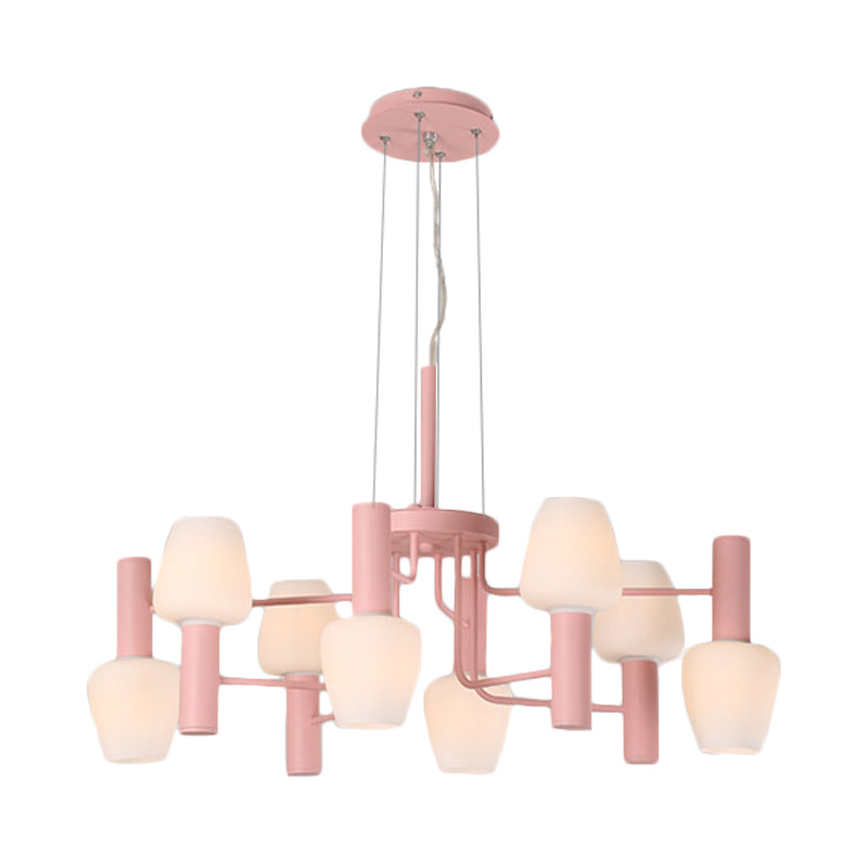 8 Bulbs Lounge Ceiling Chandelier Macaron Pink/Yellow/Blue Hanging Lamp with Up Down Bottle Milk Glass Shade Clearhalo 'Ceiling Lights' 'Chandeliers' 'Modern Chandeliers' 'Modern' Lighting' 1455119