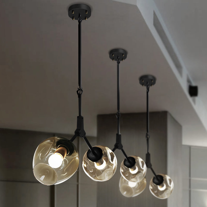 Black/Gold Bifurcated Chandelier Modernist 2 Lights Blown Open Dimpled Glass Suspension Pendant Clearhalo 'Ceiling Lights' 'Chandeliers' 'Close To Ceiling Lights' 'Glass shade' 'Glass' 'Modern Chandeliers' 'Modern' Lighting' 1455136