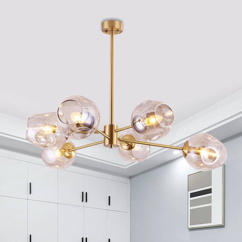 Gold Branched Ceiling Chandelier Modernism 6 Heads Dimpled Cup Glass Suspension Light Gold Clearhalo 'Ceiling Lights' 'Chandeliers' 'Modern Chandeliers' 'Modern' Lighting' 1455153
