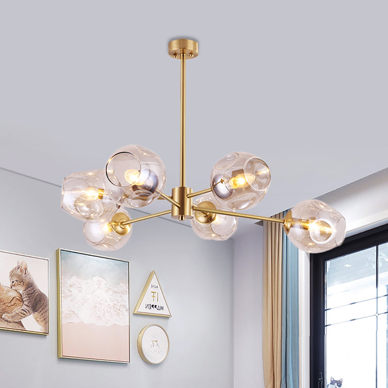 Gold Branched Ceiling Chandelier Modernism 6 Heads Dimpled Cup Glass Suspension Light Clearhalo 'Ceiling Lights' 'Chandeliers' 'Modern Chandeliers' 'Modern' Lighting' 1455154