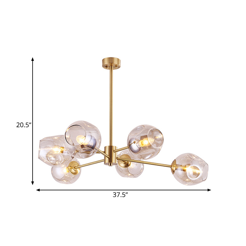 Gold Branched Ceiling Chandelier Modernism 6 Heads Dimpled Cup Glass Suspension Light Clearhalo 'Ceiling Lights' 'Chandeliers' 'Modern Chandeliers' 'Modern' Lighting' 1455157