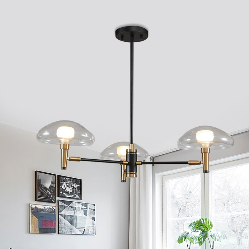 3 Heads Dining Room Chandelier Contemporary Black and Gold Hanging Light Kit with Tapered Clear Glass Shade Clearhalo 'Ceiling Lights' 'Chandeliers' 'Modern Chandeliers' 'Modern' Lighting' 1455169