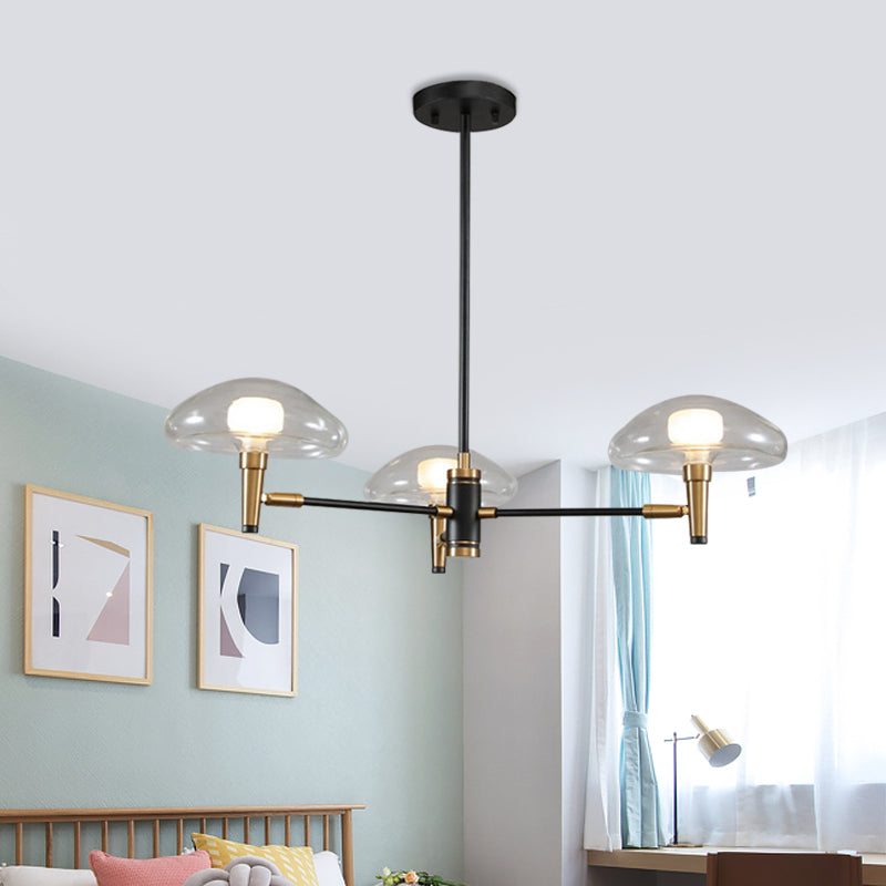 3 Heads Dining Room Chandelier Contemporary Black and Gold Hanging Light Kit with Tapered Clear Glass Shade Clearhalo 'Ceiling Lights' 'Chandeliers' 'Modern Chandeliers' 'Modern' Lighting' 1455170