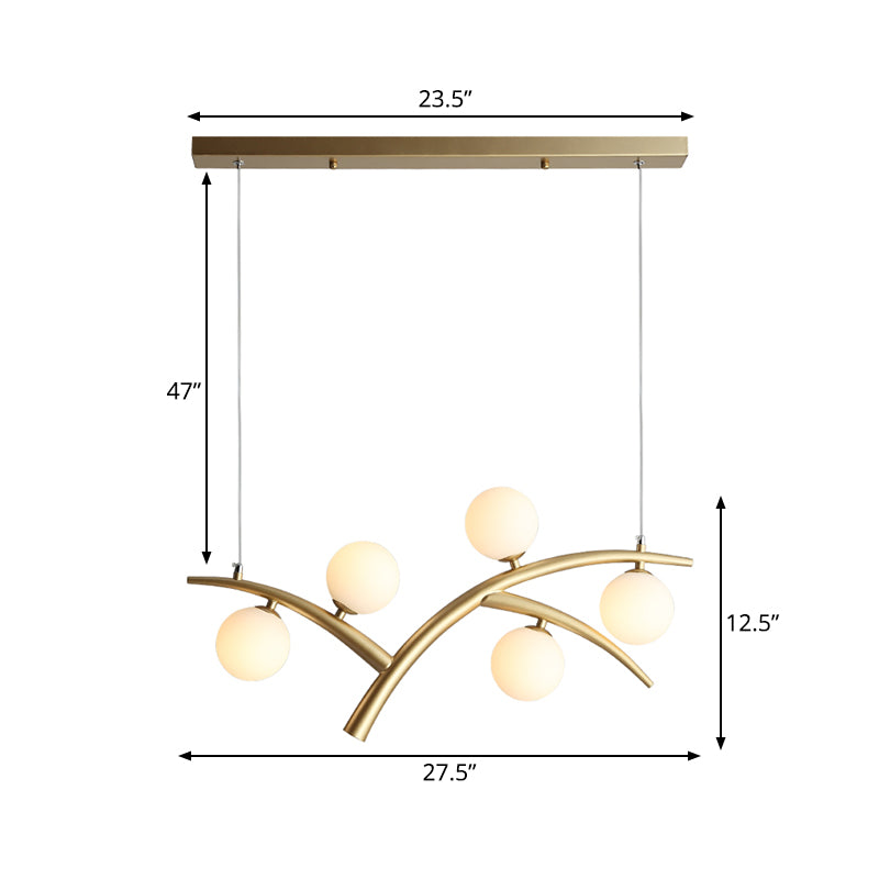 Branch Iron Chandelier Contemporary 5 Lights Gold Pendant Light Fixture with Orb White Glass Shade Clearhalo 'Ceiling Lights' 'Chandeliers' 'Modern Chandeliers' 'Modern' Lighting' 1455187