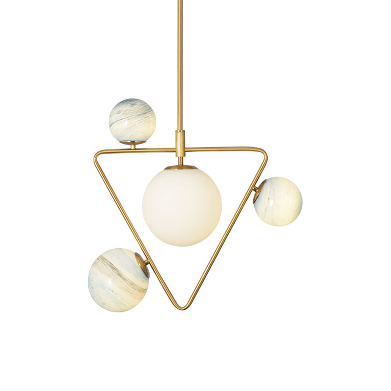 4-Head Loft House Chandelier Mid Century Gold Pendant Lamp with Triangle Iron Frame and Orb Colored Glass Shade Clearhalo 'Ceiling Lights' 'Chandeliers' 'Modern Chandeliers' 'Modern' Lighting' 1455201