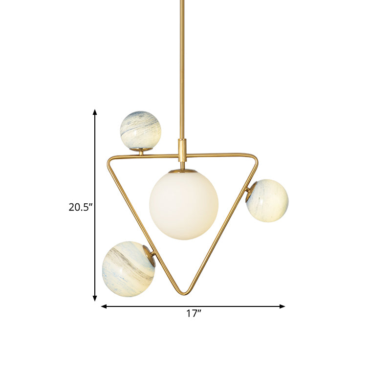 4-Head Loft House Chandelier Mid Century Gold Pendant Lamp with Triangle Iron Frame and Orb Colored Glass Shade Clearhalo 'Ceiling Lights' 'Chandeliers' 'Modern Chandeliers' 'Modern' Lighting' 1455202