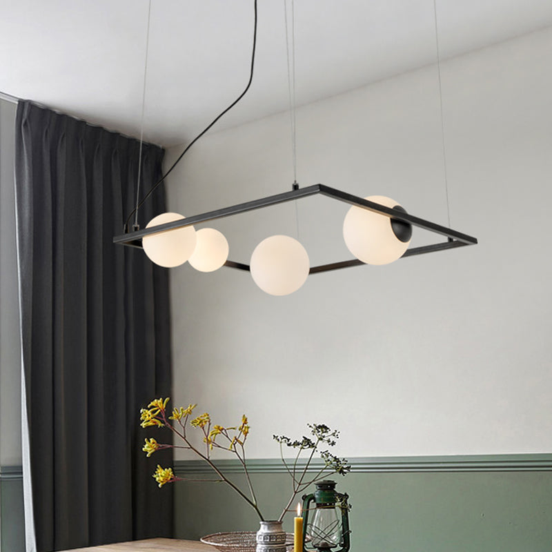 Bubble Kitchen Dinette Chandelier Ivory Glass 4 Bulbs Modernism Hanging Pendant with Square Frame in Black/White Clearhalo 'Ceiling Lights' 'Chandeliers' 'Modern Chandeliers' 'Modern' Lighting' 1455205