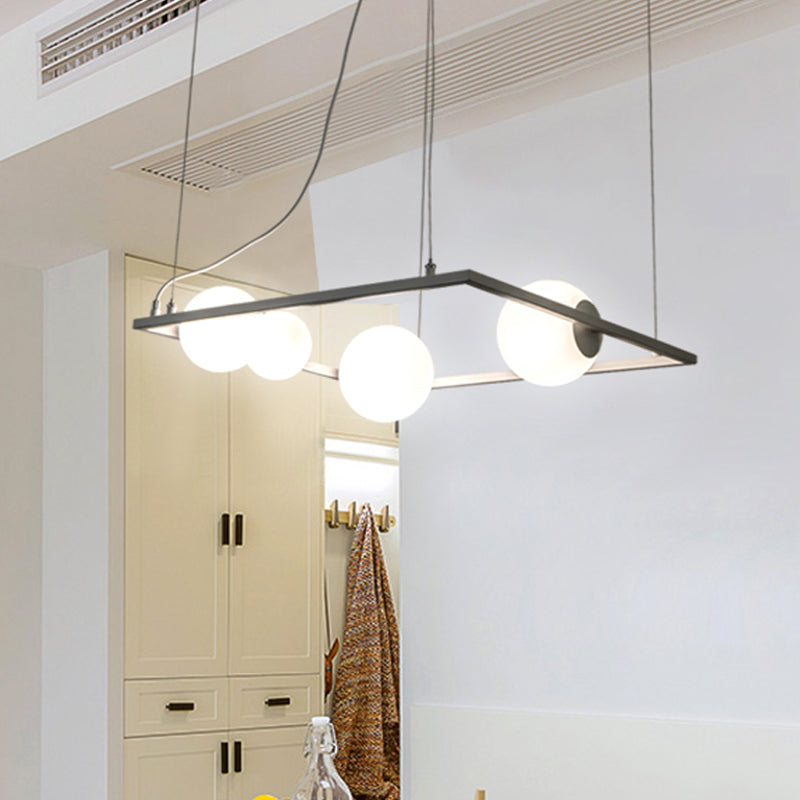 Bubble Kitchen Dinette Chandelier Ivory Glass 4 Bulbs Modernism Hanging Pendant with Square Frame in Black/White Clearhalo 'Ceiling Lights' 'Chandeliers' 'Modern Chandeliers' 'Modern' Lighting' 1455206