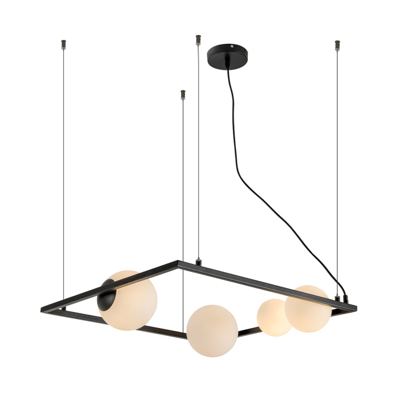 Bubble Kitchen Dinette Chandelier Ivory Glass 4 Bulbs Modernism Hanging Pendant with Square Frame in Black/White Clearhalo 'Ceiling Lights' 'Chandeliers' 'Modern Chandeliers' 'Modern' Lighting' 1455207