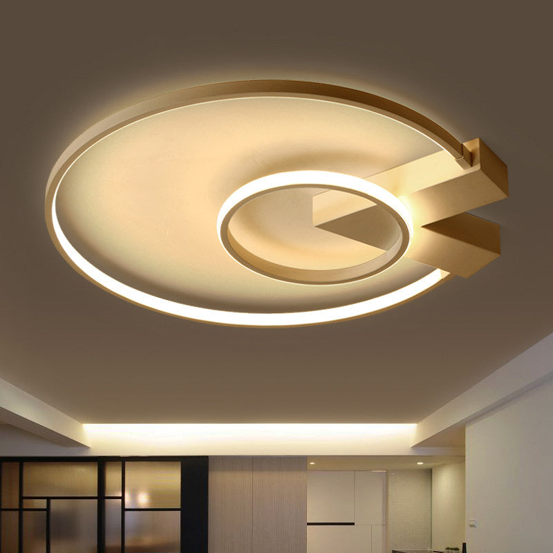 White/Gold 2-Circle Flush Mount Lighting Contemporary Aluminum LED Ceiling Fixture with V Neck Design Clearhalo 'Ceiling Lights' 'Close To Ceiling Lights' 'Close to ceiling' 'Flush mount' Lighting' 1455283