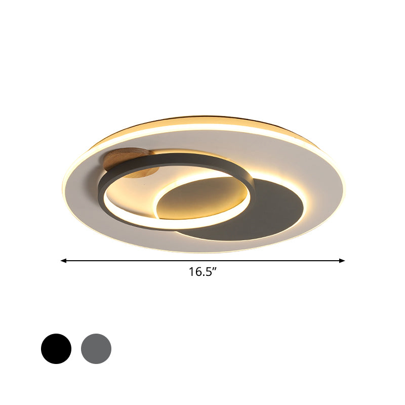 Minimal Intersected Circle Ceiling Light Iron Bedroom 16.5"/20.5" Wide LED Flushmount Lighting in Black/Grey, Warm/White Light Clearhalo 'Ceiling Lights' 'Close To Ceiling Lights' 'Close to ceiling' 'Flush mount' Lighting' 1455345