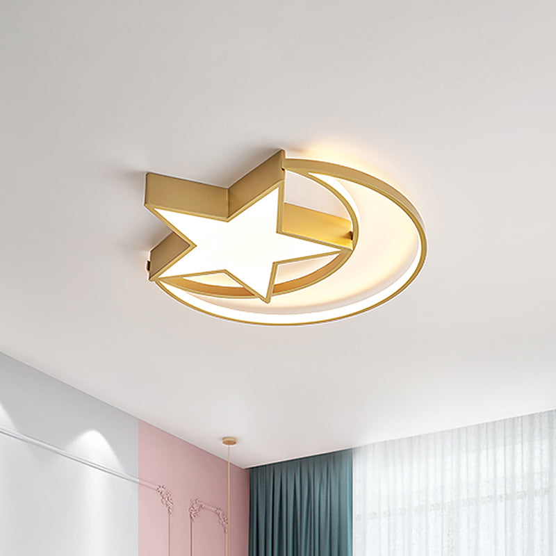 Crescent-Star Surface Ceiling Light Contemporary Iron Bedroom 16"/19.5" Wide LED Flush Mount in Gold Gold Clearhalo 'Ceiling Lights' 'Close To Ceiling Lights' 'Close to ceiling' 'Flush mount' Lighting' 1455408