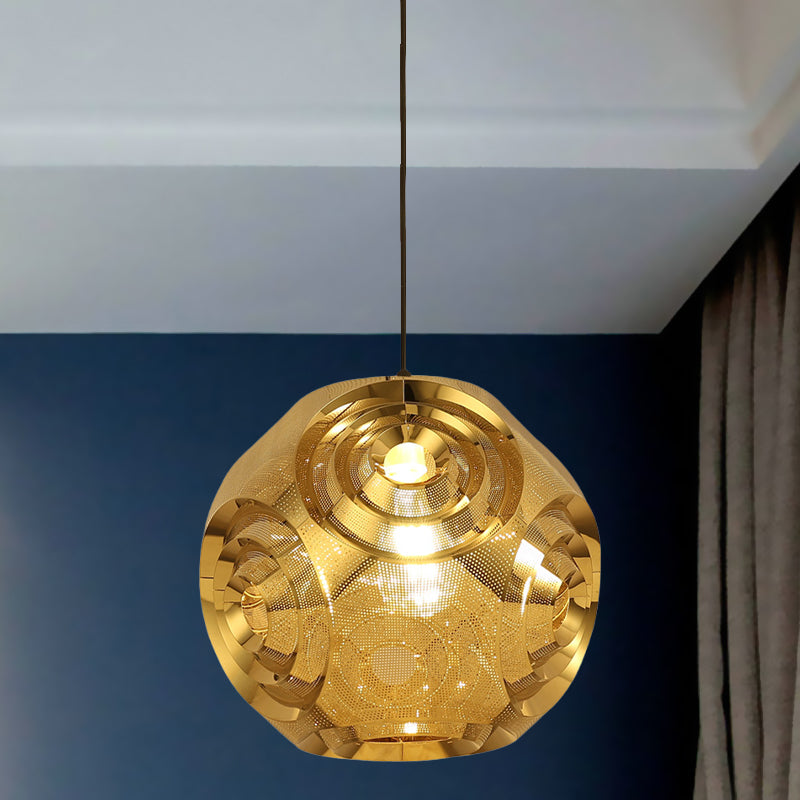 Stainless Steel Sphere Pendant Lamp Colonial 1-Head Cafe Suspension Light with Cutout Design in Chrome/Gold/Rose Gold, 11"/15" W Clearhalo 'Ceiling Lights' 'Pendant Lights' 'Pendants' Lighting' 1455586