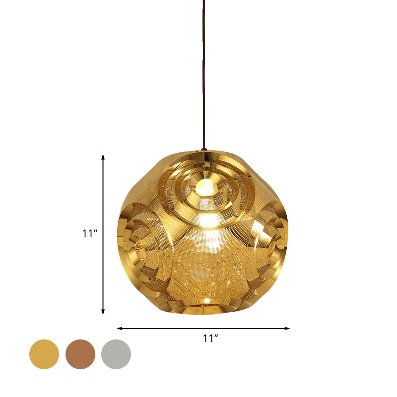 Stainless Steel Sphere Pendant Lamp Colonial 1-Head Cafe Suspension Light with Cutout Design in Chrome/Gold/Rose Gold, 11"/15" W Clearhalo 'Ceiling Lights' 'Pendant Lights' 'Pendants' Lighting' 1455588