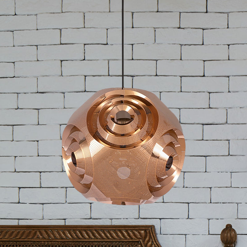 Stainless Steel Sphere Pendant Lamp Colonial 1-Head Cafe Suspension Light with Cutout Design in Chrome/Gold/Rose Gold, 11"/15" W Rose Gold Clearhalo 'Ceiling Lights' 'Pendant Lights' 'Pendants' Lighting' 1455590_4bcc1722-ad57-4219-93ca-e2c5a06e0f3d