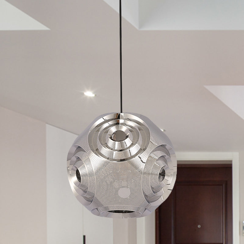 Stainless Steel Sphere Pendant Lamp Colonial 1-Head Cafe Suspension Light with Cutout Design in Chrome/Gold/Rose Gold, 11"/15" W Clearhalo 'Ceiling Lights' 'Pendant Lights' 'Pendants' Lighting' 1455594