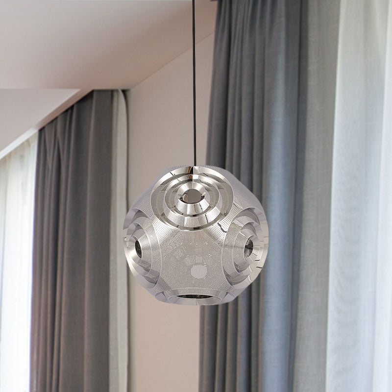 Stainless Steel Sphere Pendant Lamp Colonial 1-Head Cafe Suspension Light with Cutout Design in Chrome/Gold/Rose Gold, 11"/15" W Clearhalo 'Ceiling Lights' 'Pendant Lights' 'Pendants' Lighting' 1455595