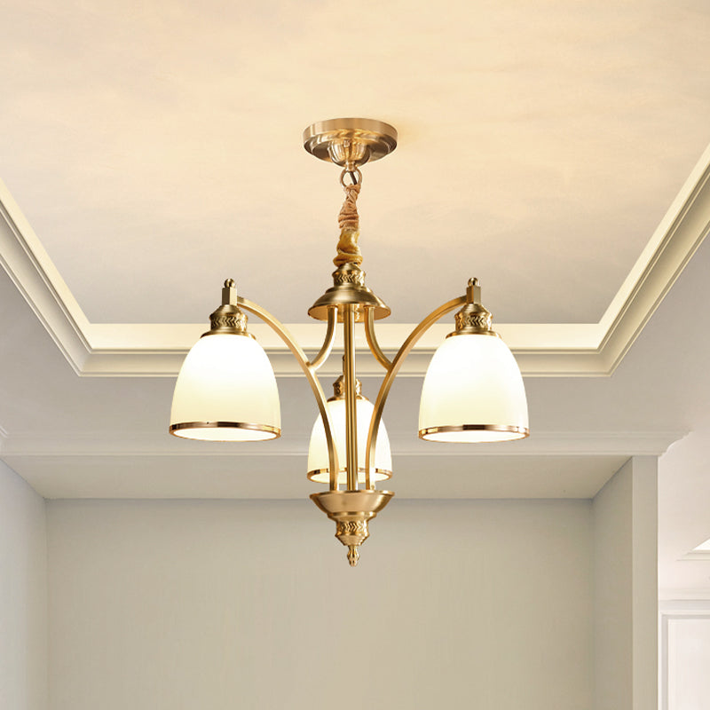 Bowl Ivory Glass Chandelier Lamp Colonial 3/5/8 Bulbs Living Room Down Lighting Pendant in Gold Clearhalo 'Ceiling Lights' 'Chandeliers' Lighting' options 1455599