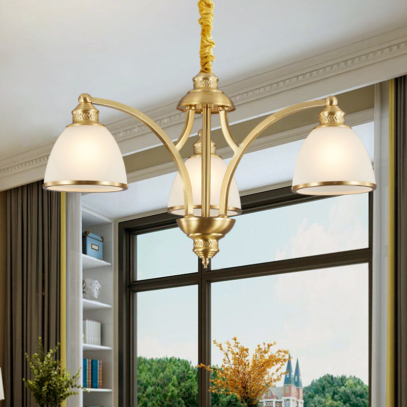 Bowl Ivory Glass Chandelier Lamp Colonial 3/5/8 Bulbs Living Room Down Lighting Pendant in Gold Clearhalo 'Ceiling Lights' 'Chandeliers' Lighting' options 1455600