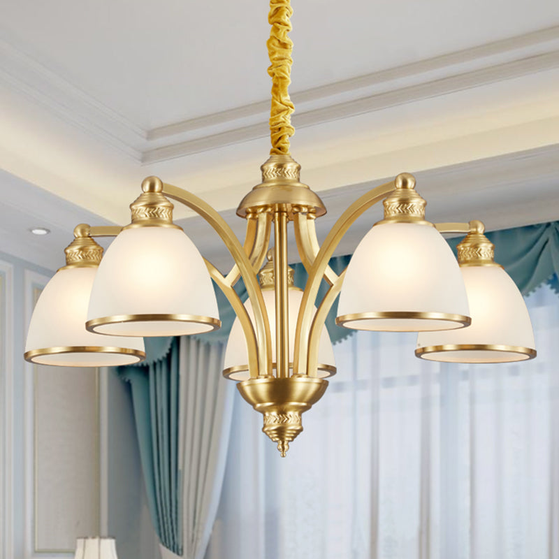 Bowl Ivory Glass Chandelier Lamp Colonial 3/5/8 Bulbs Living Room Down Lighting Pendant in Gold Clearhalo 'Ceiling Lights' 'Chandeliers' Lighting' options 1455603