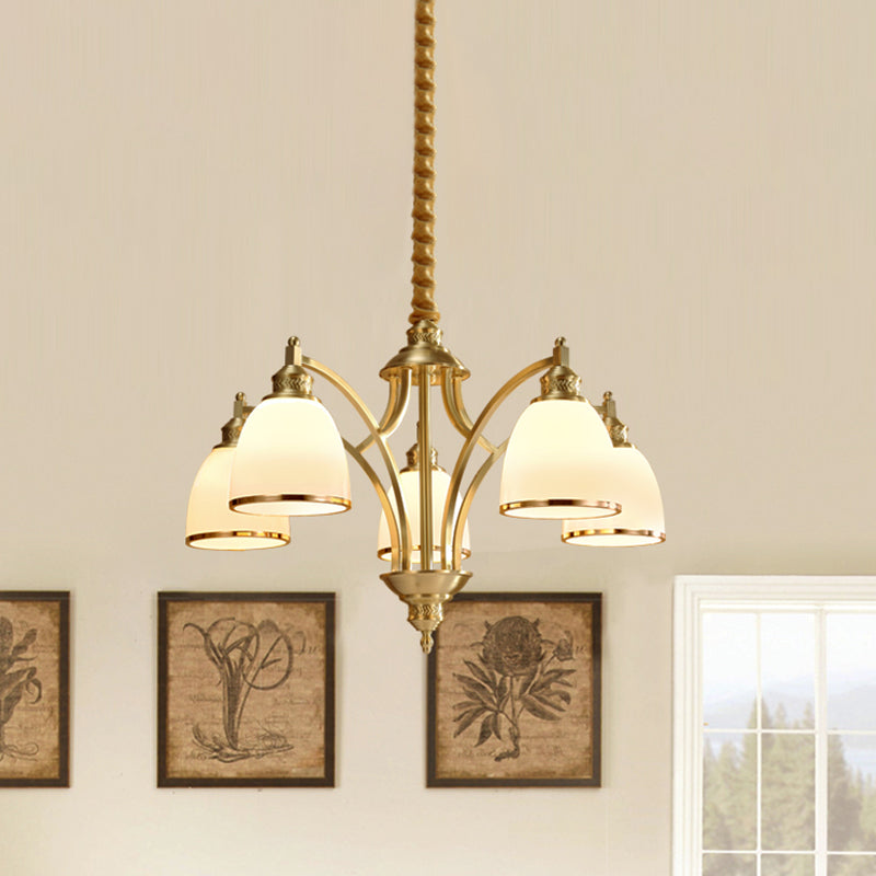 Bowl Ivory Glass Chandelier Lamp Colonial 3/5/8 Bulbs Living Room Down Lighting Pendant in Gold Clearhalo 'Ceiling Lights' 'Chandeliers' Lighting' options 1455604