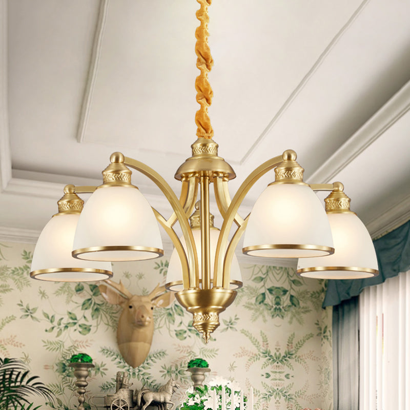 Bowl Ivory Glass Chandelier Lamp Colonial 3/5/8 Bulbs Living Room Down Lighting Pendant in Gold Clearhalo 'Ceiling Lights' 'Chandeliers' Lighting' options 1455605