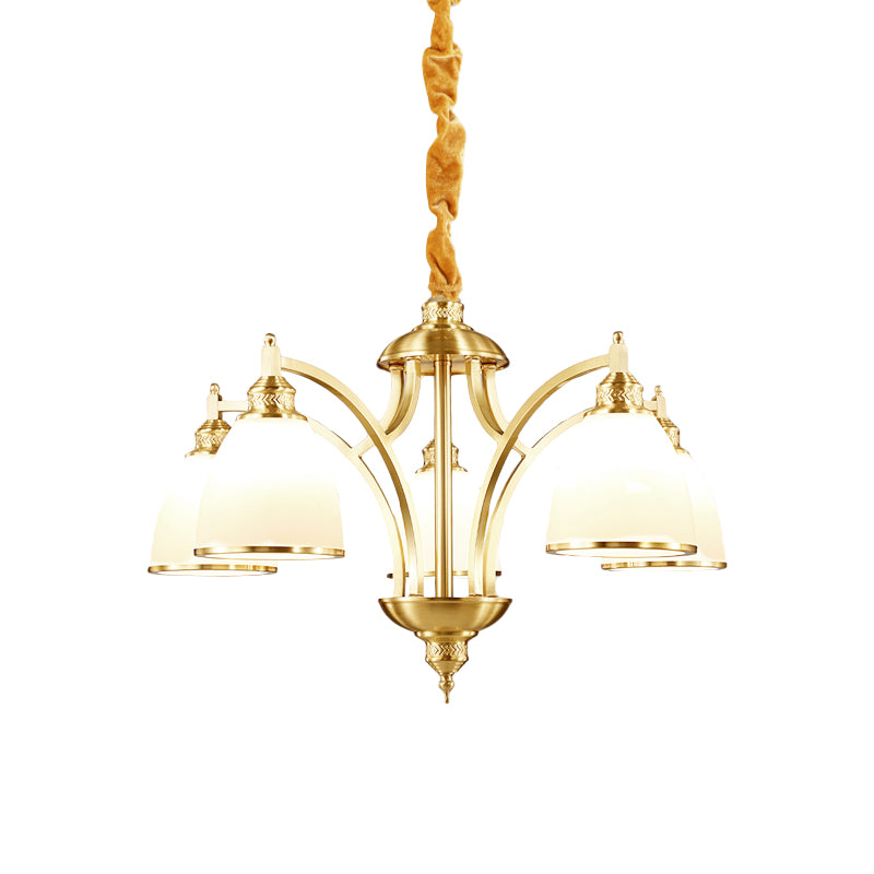 Bowl Ivory Glass Chandelier Lamp Colonial 3/5/8 Bulbs Living Room Down Lighting Pendant in Gold Clearhalo 'Ceiling Lights' 'Chandeliers' Lighting' options 1455606