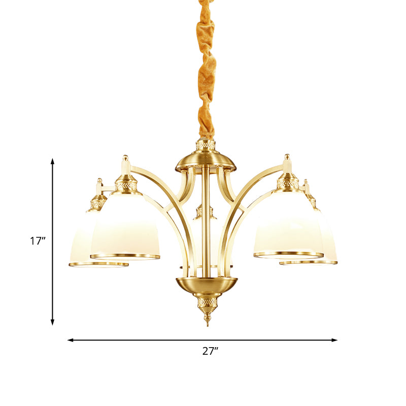 Bowl Ivory Glass Chandelier Lamp Colonial 3/5/8 Bulbs Living Room Down Lighting Pendant in Gold Clearhalo 'Ceiling Lights' 'Chandeliers' Lighting' options 1455607