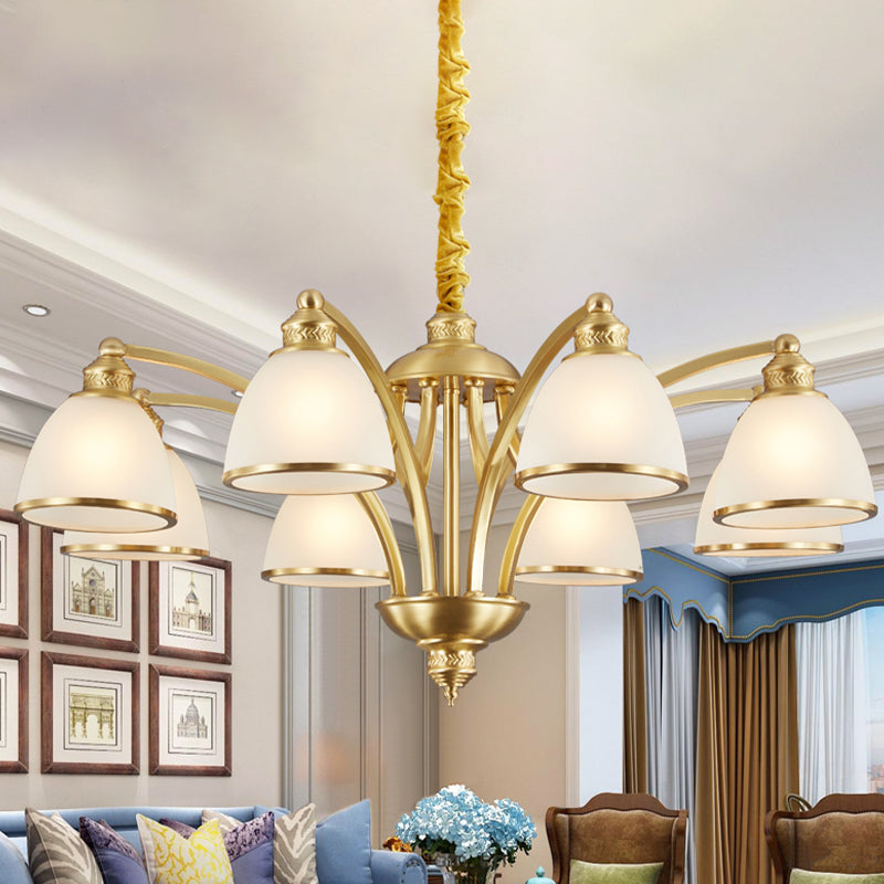 Bowl Ivory Glass Chandelier Lamp Colonial 3/5/8 Bulbs Living Room Down Lighting Pendant in Gold Clearhalo 'Ceiling Lights' 'Chandeliers' Lighting' options 1455608