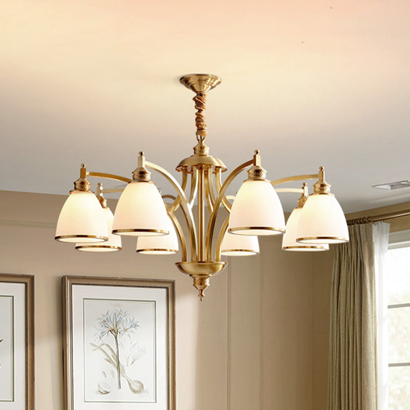 Bowl Ivory Glass Chandelier Lamp Colonial 3/5/8 Bulbs Living Room Down Lighting Pendant in Gold Clearhalo 'Ceiling Lights' 'Chandeliers' Lighting' options 1455609