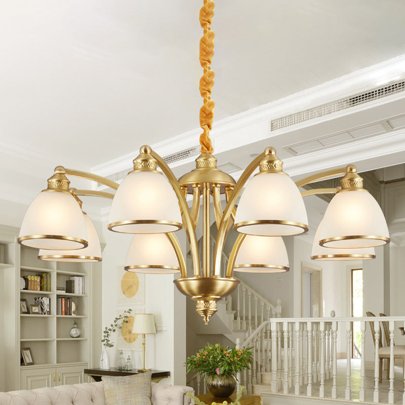 Bowl Ivory Glass Chandelier Lamp Colonial 3/5/8 Bulbs Living Room Down Lighting Pendant in Gold Clearhalo 'Ceiling Lights' 'Chandeliers' Lighting' options 1455610