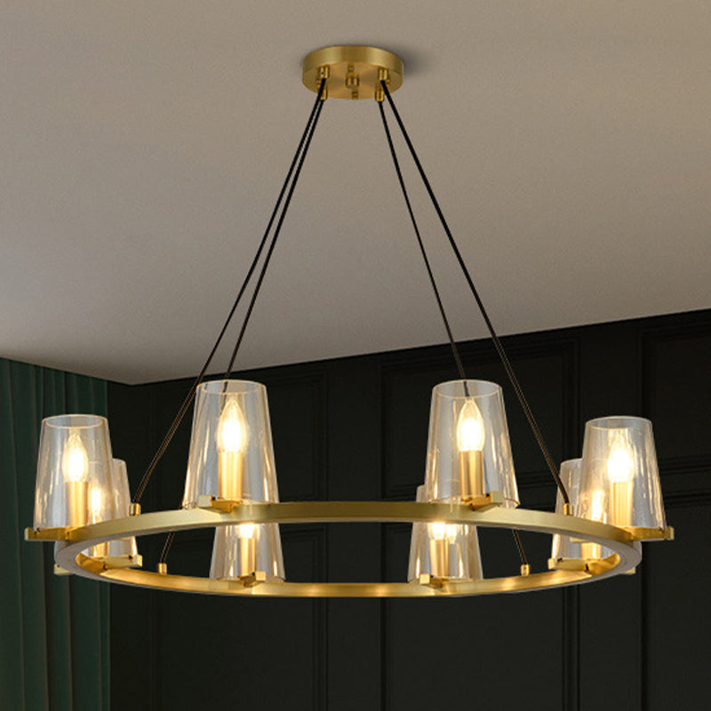 6/8-Bulb Cone Hanging Chandelier Colonialist Gold Clear Glass Pendant Lighting with Round Design Clearhalo 'Ceiling Lights' 'Chandeliers' Lighting' options 1455644