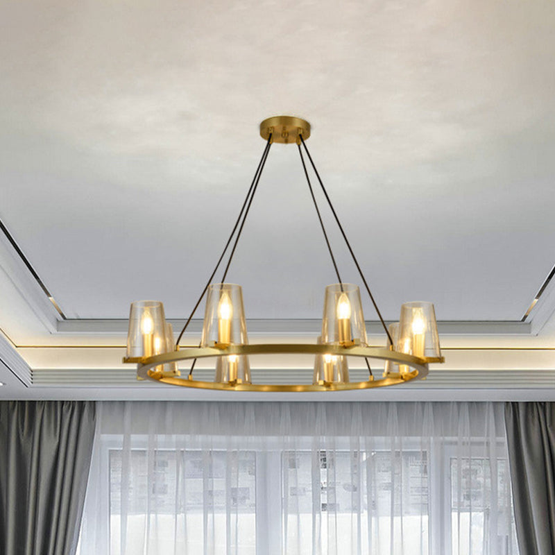 6/8-Bulb Cone Hanging Chandelier Colonialist Gold Clear Glass Pendant Lighting with Round Design Clearhalo 'Ceiling Lights' 'Chandeliers' Lighting' options 1455645