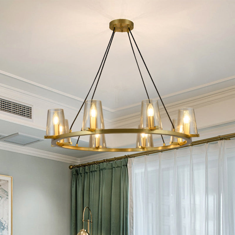 6/8-Bulb Cone Hanging Chandelier Colonialist Gold Clear Glass Pendant Lighting with Round Design Clearhalo 'Ceiling Lights' 'Chandeliers' Lighting' options 1455646