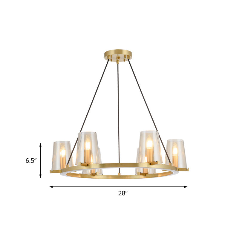 6/8-Bulb Cone Hanging Chandelier Colonialist Gold Clear Glass Pendant Lighting with Round Design Clearhalo 'Ceiling Lights' 'Chandeliers' Lighting' options 1455647