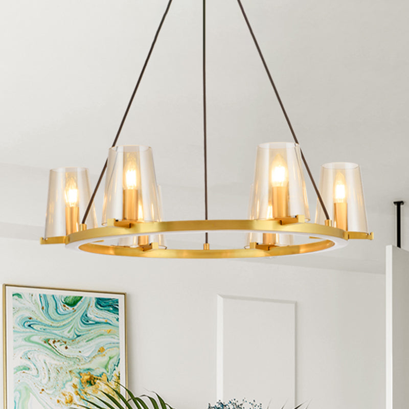 6/8-Bulb Cone Hanging Chandelier Colonialist Gold Clear Glass Pendant Lighting with Round Design Clearhalo 'Ceiling Lights' 'Chandeliers' Lighting' options 1455648