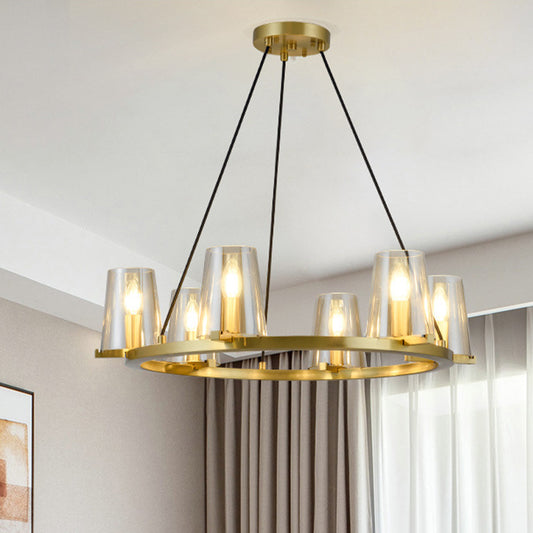 6/8-Bulb Cone Hanging Chandelier Colonialist Gold Clear Glass Pendant Lighting with Round Design Clearhalo 'Ceiling Lights' 'Chandeliers' Lighting' options 1455650