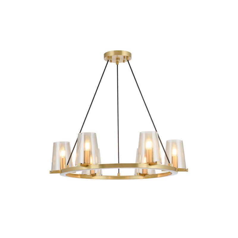 6/8-Bulb Cone Hanging Chandelier Colonialist Gold Clear Glass Pendant Lighting with Round Design Clearhalo 'Ceiling Lights' 'Chandeliers' Lighting' options 1455651