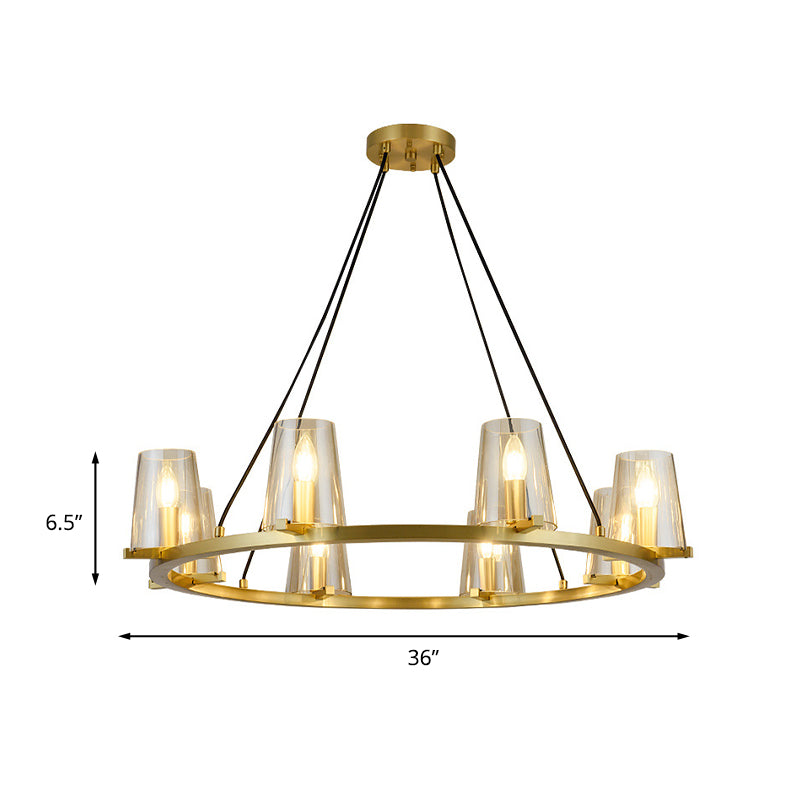 6/8-Bulb Cone Hanging Chandelier Colonialist Gold Clear Glass Pendant Lighting with Round Design Clearhalo 'Ceiling Lights' 'Chandeliers' Lighting' options 1455652