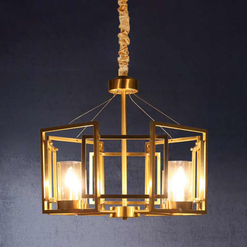 Luxury Cylinder Chandelier Pendant Light 4/6-Head Clear Glass Hanging Lamp in Gold with Rectangle Metal Cage Clearhalo 'Ceiling Lights' 'Chandeliers' Lighting' options 1455653