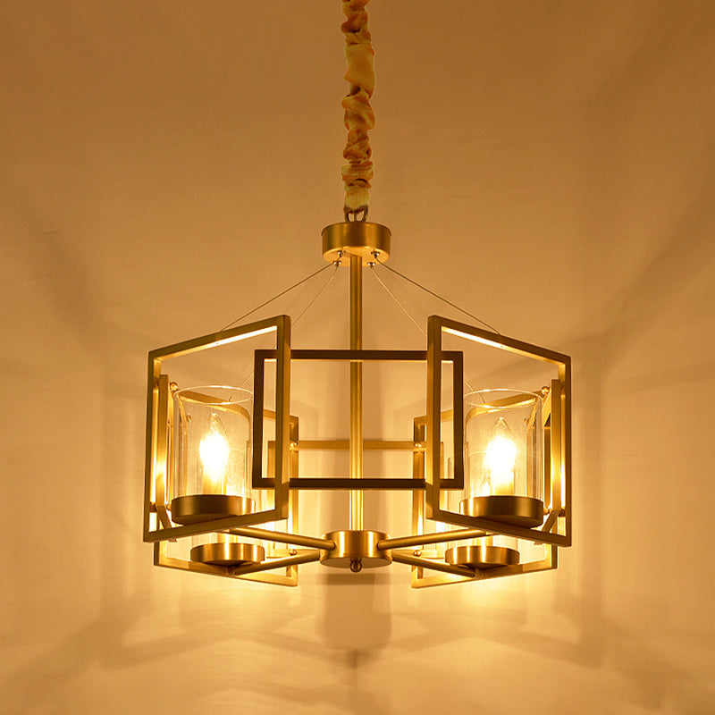 Luxury Cylinder Chandelier Pendant Light 4/6-Head Clear Glass Hanging Lamp in Gold with Rectangle Metal Cage Clearhalo 'Ceiling Lights' 'Chandeliers' Lighting' options 1455655