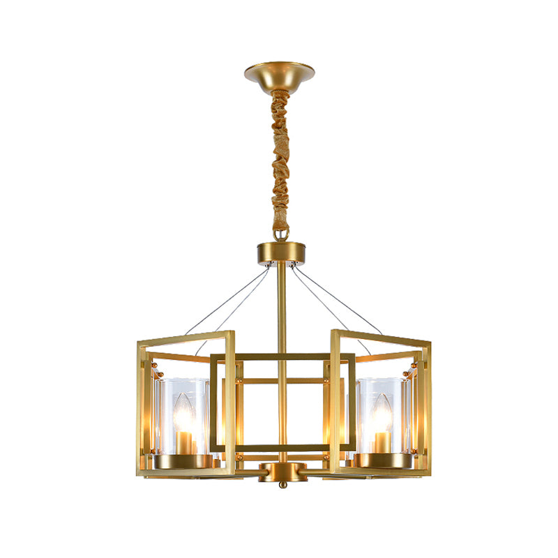 Luxury Cylinder Chandelier Pendant Light 4/6-Head Clear Glass Hanging Lamp in Gold with Rectangle Metal Cage Clearhalo 'Ceiling Lights' 'Chandeliers' Lighting' options 1455656