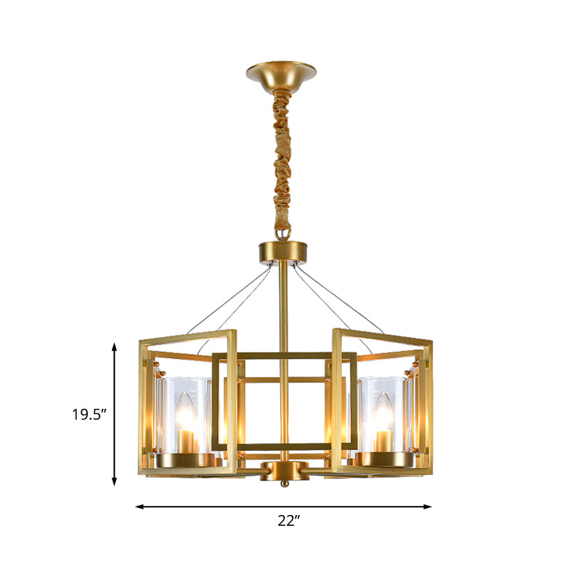 Luxury Cylinder Chandelier Pendant Light 4/6-Head Clear Glass Hanging Lamp in Gold with Rectangle Metal Cage Clearhalo 'Ceiling Lights' 'Chandeliers' Lighting' options 1455657